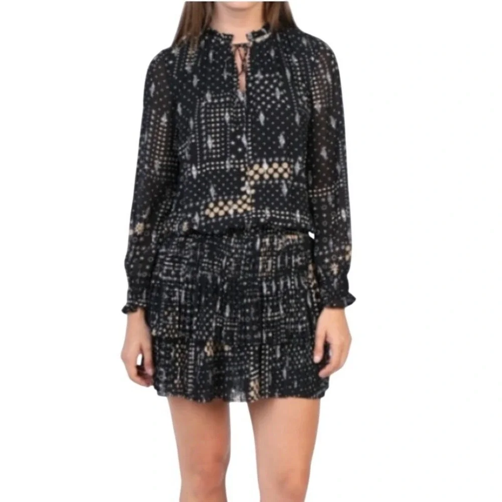 Current‎ Air Black Gold Silver Star  Smocked Metallic Mini Dress sz L